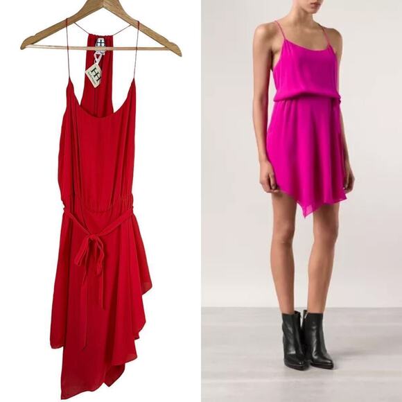 NWT Haute Hippie Red Silk Racer Back Belted Mini Dress‎ Handkerchief Hem, Large - Picture 1 of 12